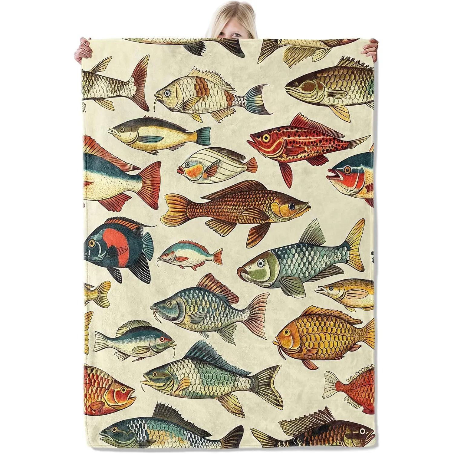 Vintage Fishing Theme Lightweight Flannel Throw Blanket - Colorful Ocean & Freshwater Fishes Design, Nature-Style Home Living Room Decor, Gifts for Children, Infant, Family for Father's Day, Valentine's Day