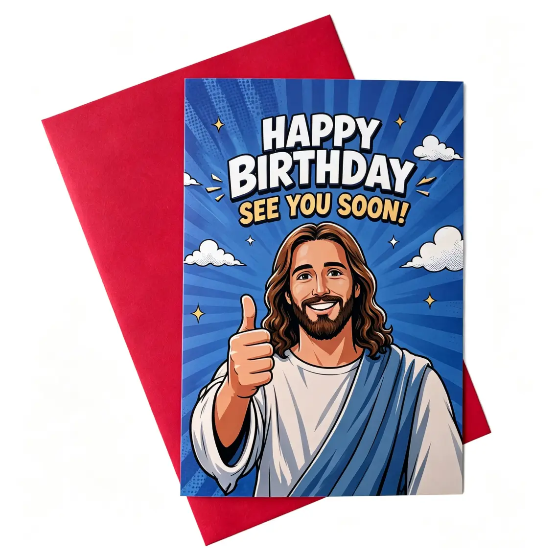 Christian Humor Birthday Greeting Card with Matching Red Envelope & Printed Text, Religious Funny Office Stationery, Unique Spiritual Gift Idea for Friends/Coworkers