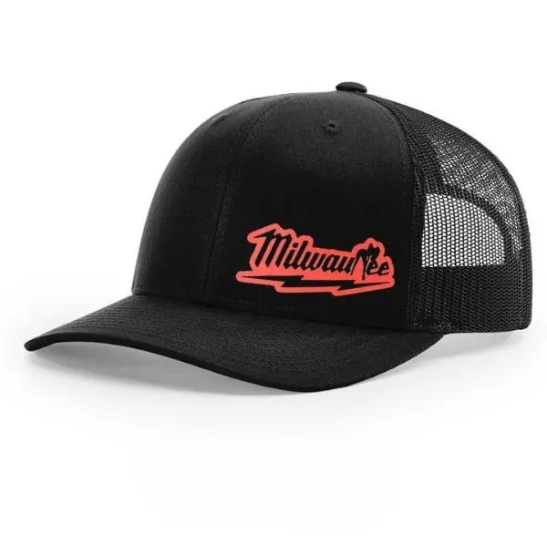Unisex Red Script Embroidered Milwaukee Trucker Snapback Hat - Black Curved Bill, Retro City Style Mesh Fabric Cap, High-Profile Crown, Adjustable Casual Streetwear Gift (Incl. Men's Snapback Hats)