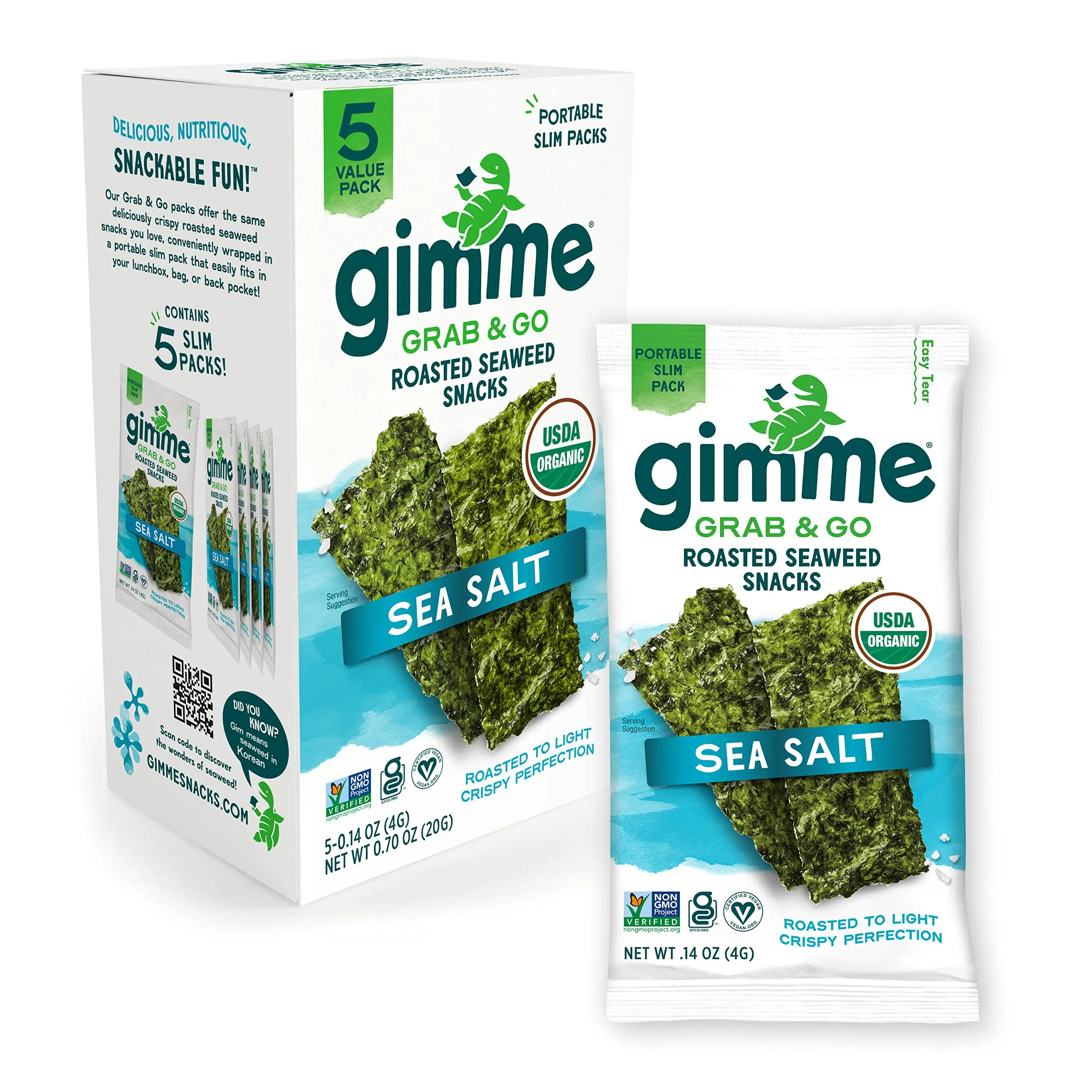 Seaweed Grab & Go Organic Premium Roasted Seaweed Snacks, Sea Salt, 5 Count Trayless, Keto, Vegan, Gluten-Free, Great Source of Omega3s and Iodine, Healthy On-The-Go Snack for Kids and Adults