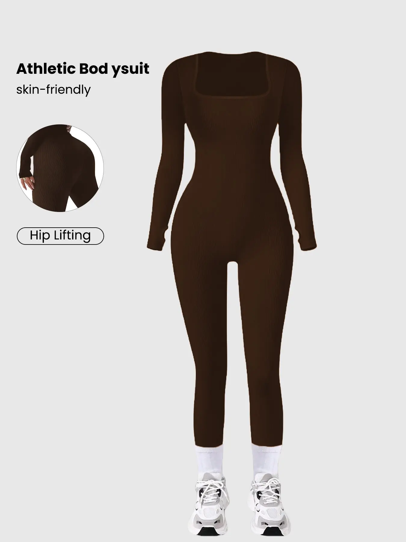 Women's Square Neck Sporty Jumpsuit, High Stretch Slim Fit, Workout Jumpsuit, Sports Jumpsuit, Ideal for Yoga, Fitness, Daily Wear, Long Sleeve, All Seasons, Sporty Comfy Jumpsuit, Sport Jumpsuits