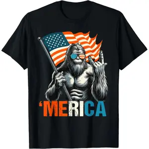 Women's Short-Sleeve Round Neck Casual Streetwear Top, Bigfoot Merica Rock American Flag Patriotic 4th Of July Graphic Tee