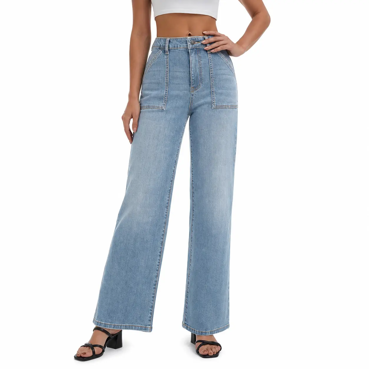 Cotrasen Straight Leg Jeans for Women High Waisted Jeans Loose Wide Leg Stretchy Denim Pants with Pockets Fashion