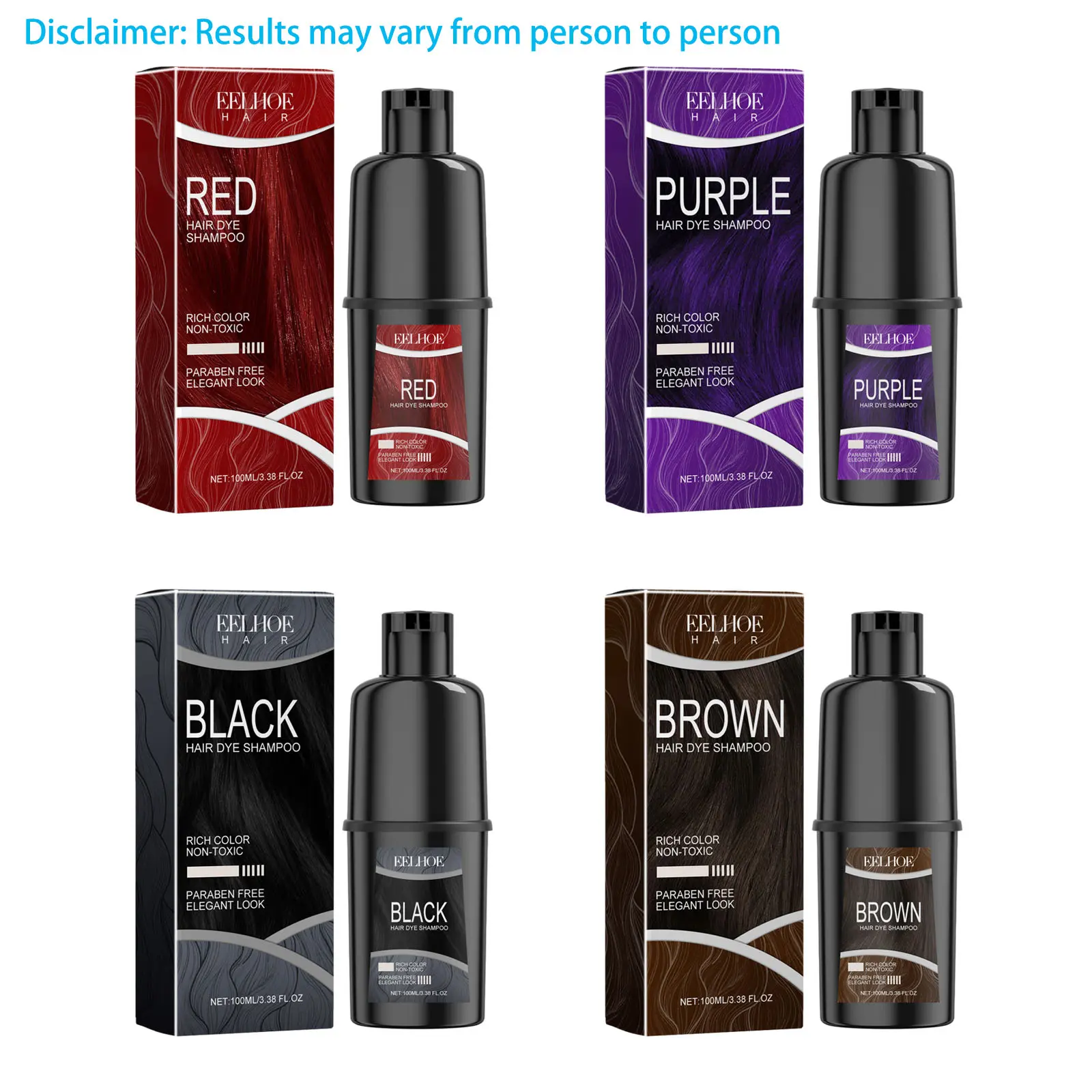 ELHOE Natural Herbal Hair Color Shampoo - Purple, Black, Brown, Red - 100ml/3.38oz - Nourishes scalp and hair roots - Long-lasting color - Hair color shampoo
