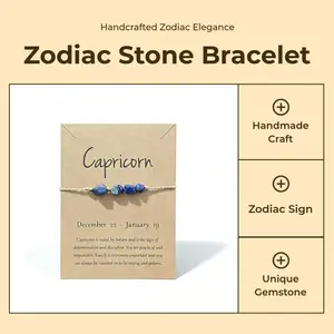 12 Zodiac Natural Rough Stone Chip Bracelet |   Handmade Braided Cord Bangle |   Irregular Raw Gemstone with Gift Card Tag