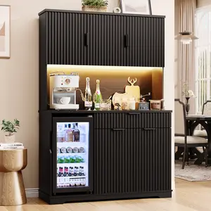 BROTTAR 69" Kitchen Pantry with Fridge (Fridge Included),Fluted Coffee Bar Cabinet with LED Lights&Power Outlets,Tall Wine Bar Cabinet with Drawer&Storage Hutch &Wide Countertop for Living Room,Dining Room,Black