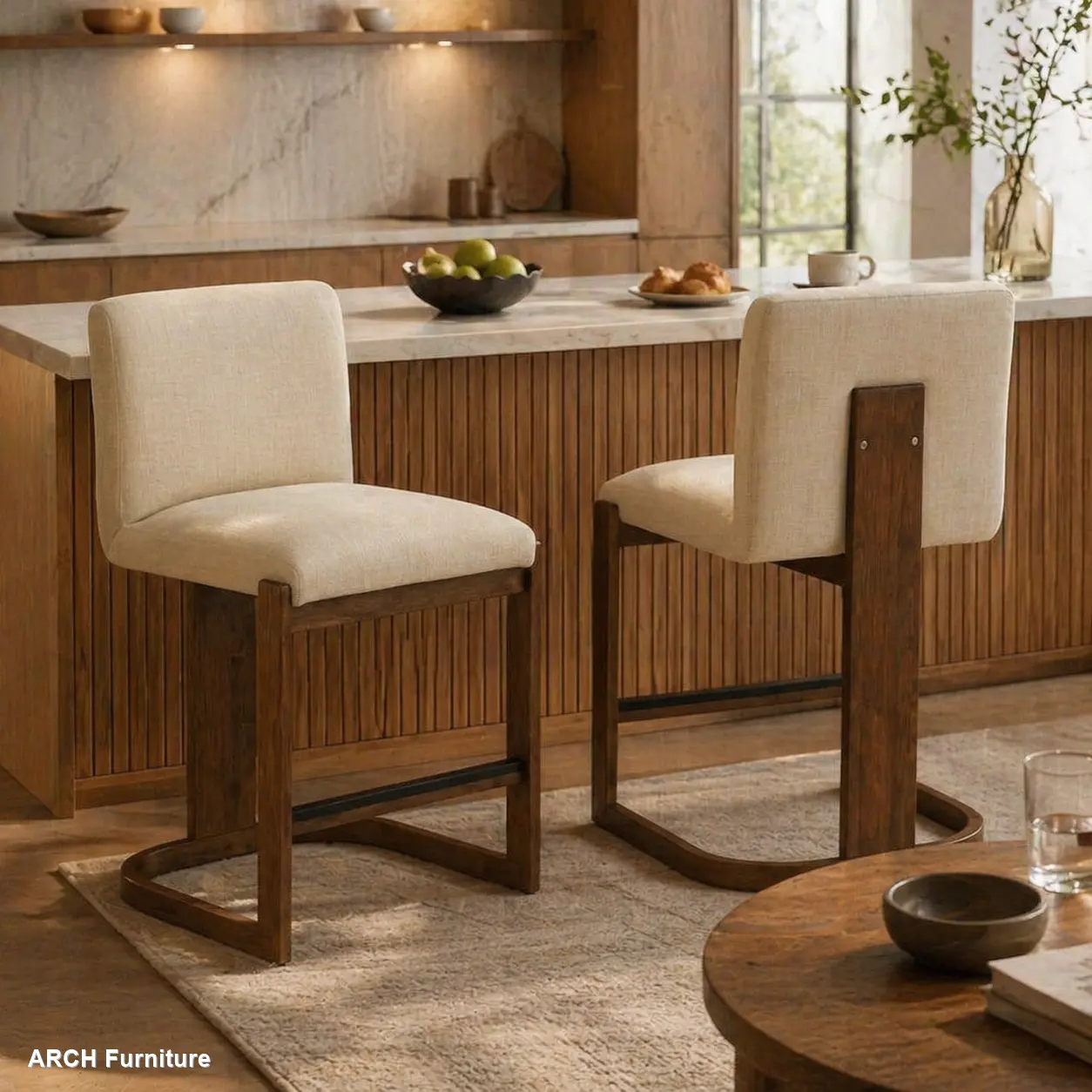 2-Seat Counter Height Bar Stools Set, 24" Solid Wood Barstools with Beige Linen Cushions, Walnut-Finished Legs, Linen-Upholstered Counter Height Chairs for Home Bar, Coffee Shop, Two Seats