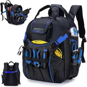 52 Pockets Tool Bag Backpack for Men Storage Organization Tool Bags Heavy Duty with  Molded Base for Electrician, Repairman Industrial & Construction Work, Blue