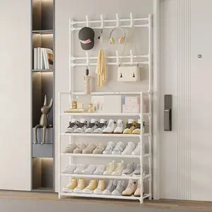 Entryway Storage Solution, Display storage rack, A freestanding multifunctional metal clothing rack with hooks for organization, Use it as a hanger for clothes or a shoe rack organizer, Perfect for hallways, living rooms, or bathrooms