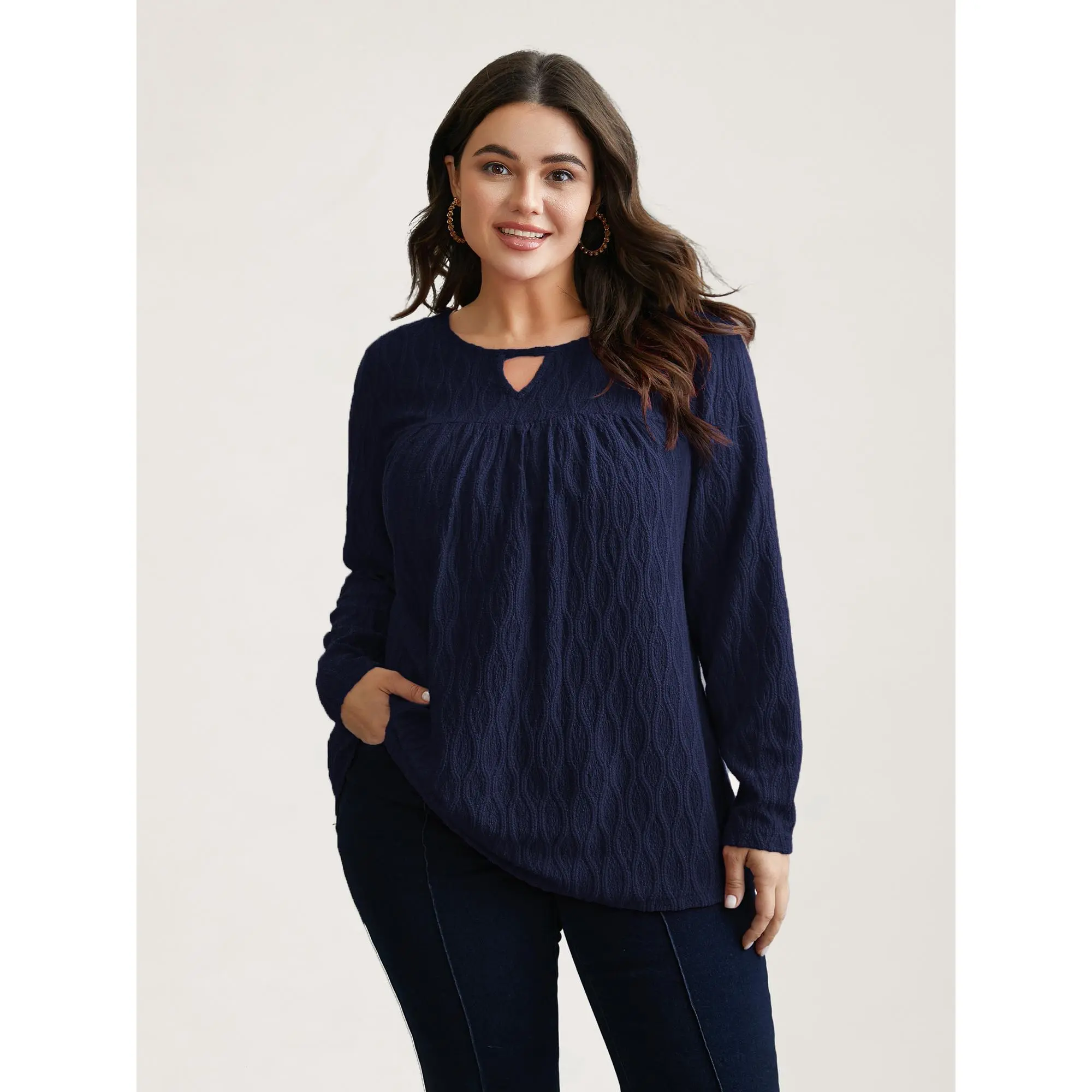 BloomChic Women's Plus Size Simple Breathable Knit Top, Casual Long Sleeve with Ruched Keyhole Neck for Everyday Wear, Knitwear, Loose, Minimalist, Hand Wash, Elastane, Polyester Blend, Comfy Fabric, Soft, Regular Length, Spandex, Basic, Round Neck