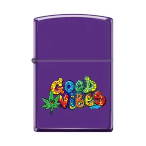 Zippo Lighter - Good Vibes Happy Cannabis Design Purple Matte Finish Stylish Fashionable Accessory for Cannabis Culture