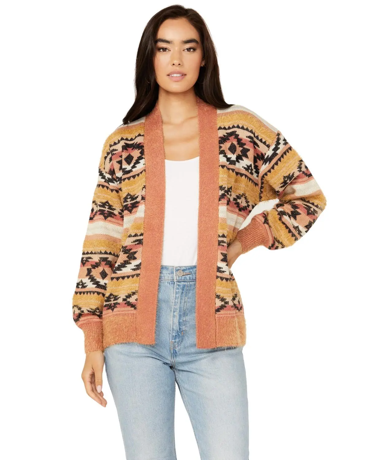Cruel Girl Women's Southwestern Striped Eyelash Cardigan - Cwk7411002