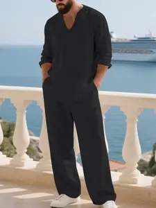 Men's Casual Linen V-Neck Set, Beach Atmosphere, Pure Color Linen Suit, V-Neck Long Sleeve & Loose Pants Two-Piece, Breathable, Outfit