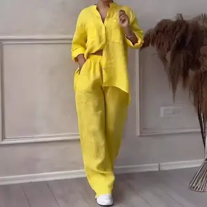 Solid Color Cotton Linen Casual Shirt Set with Adjustable Drawstring Wide-Leg Pants, 2026 New Arrival