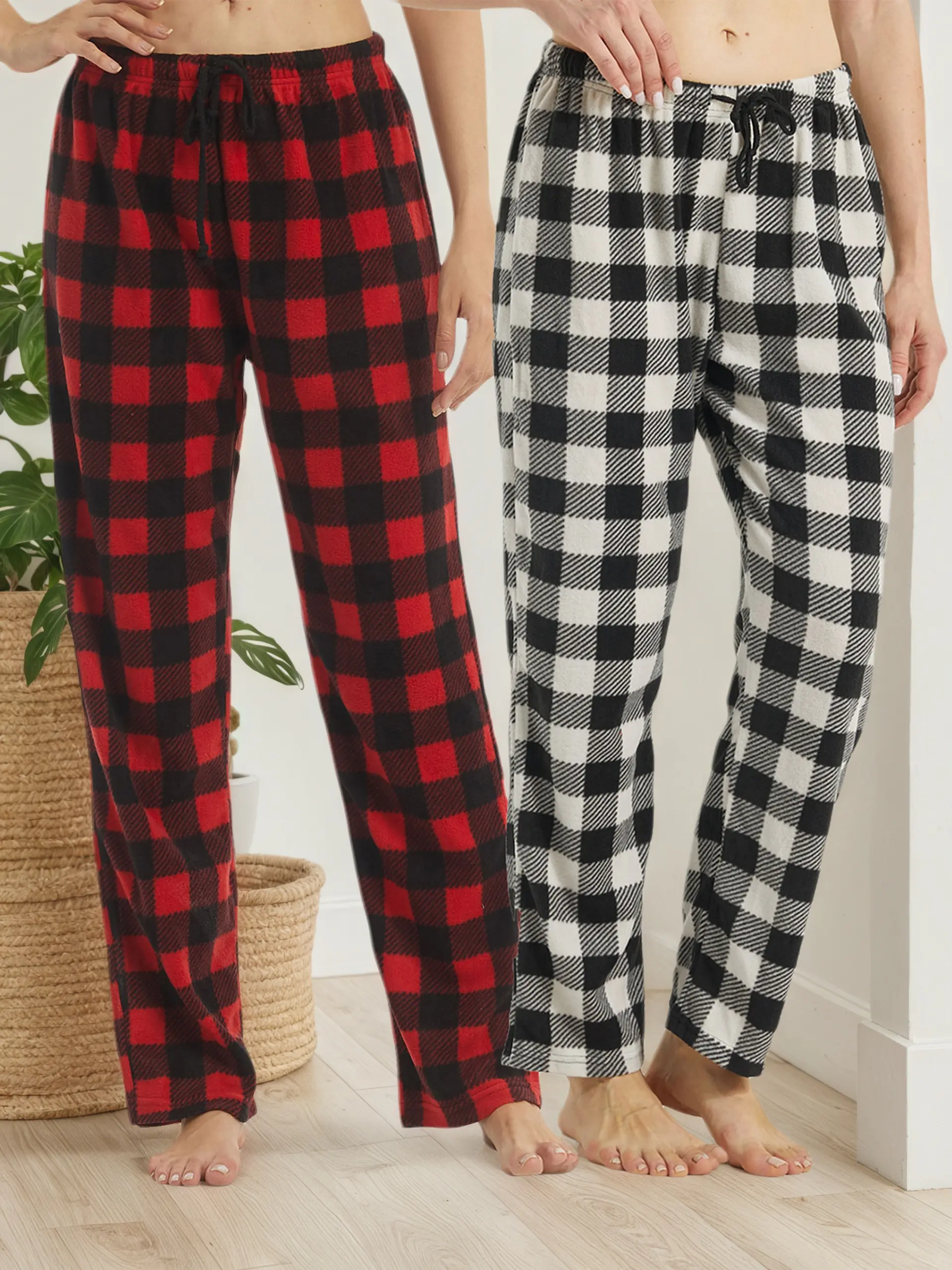 Women's 2-Pack Fluffy Fleece Checked Pajama Bottoms, Ultra-Soft Nightwear Trousers for Lounge Use, Includes PJ Sets for Women