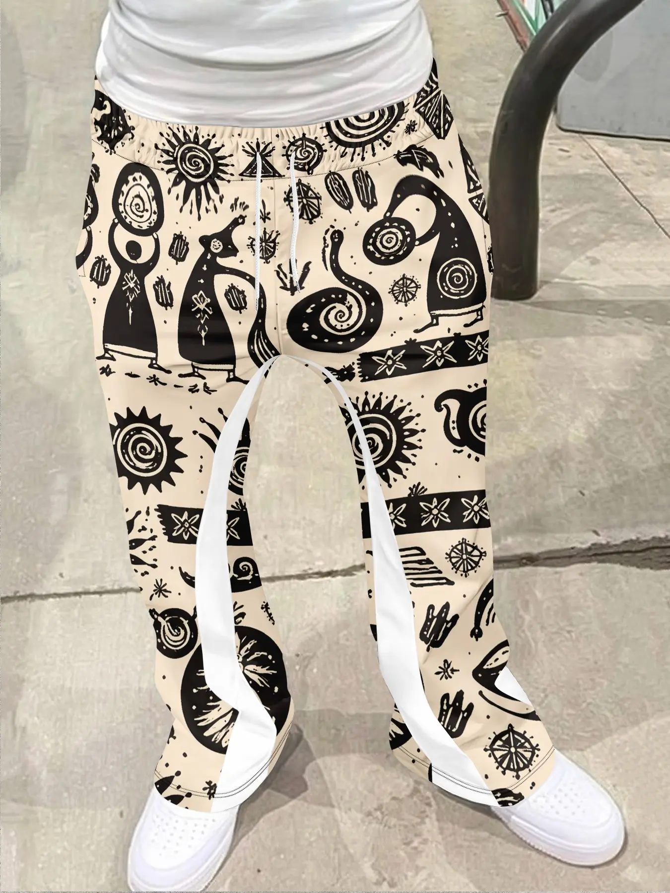 Boho Style Tribal Penguin & Sun Print Bell Bottoms, Fitted Casual Long Pants for All Seasons, Geometric Pattern Fashion Chic, Casual Basic Trousers, Graphic Pants