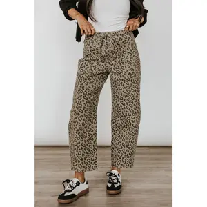 Bowie Leopard Pants - Wide Leg Fit Ankle Length Hem Elastic Back Waist Drawstring Detail Button Zip Fly All Over Print Women's Bottoms