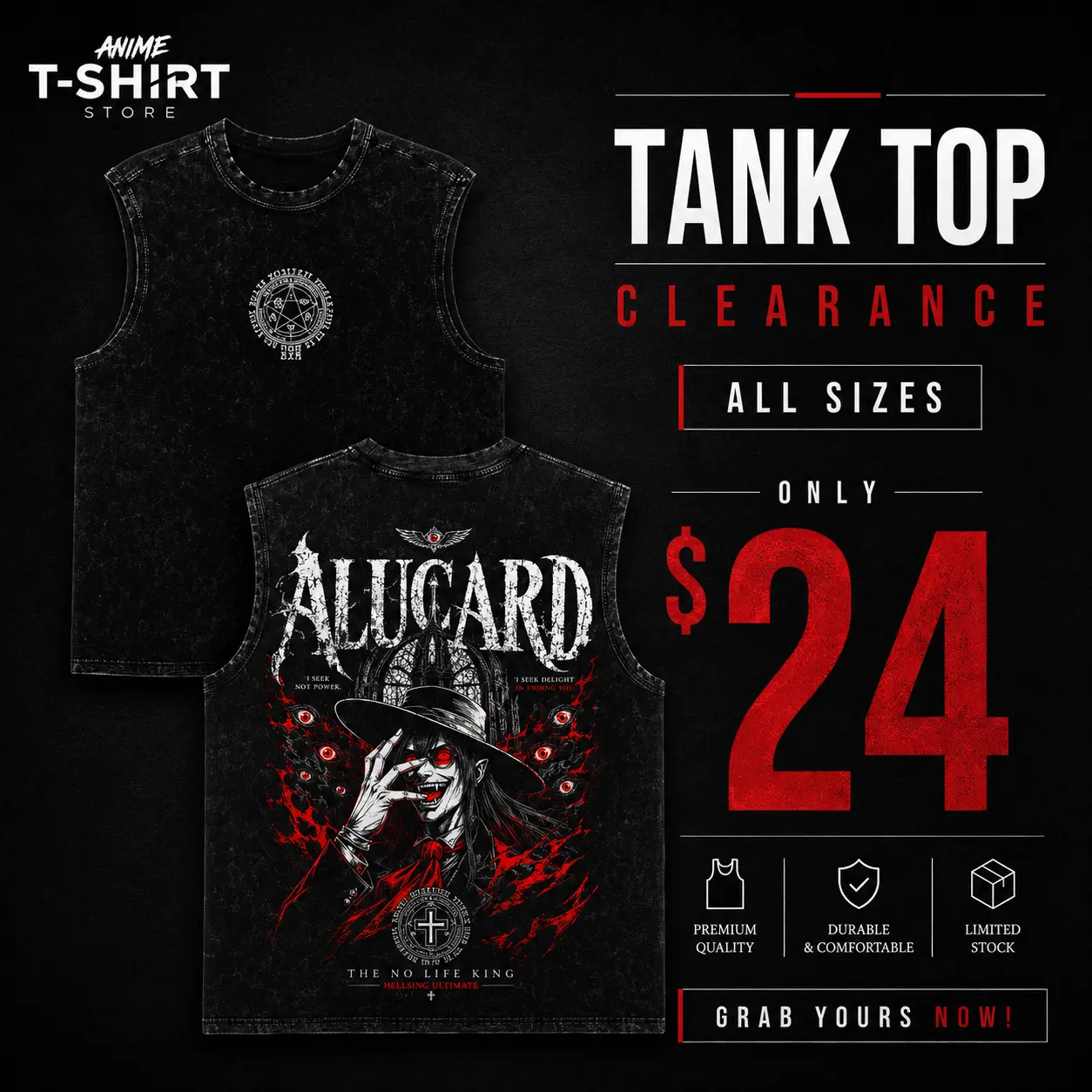 Alucard Hellsing Ultimate Vintage Washed Anime Tank Top, Gothic Vampire Graphic Sleeveless Shirt, Heavy Cotton Streetwear, Gift for Hellsing Fans