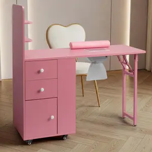 Foldable Manicure Table for Nail Tech, Nail Desk Station Makeup Beauty Salon Storage Table w/2 Open Shelves, Electric Dust Collector, Lockable Wheels