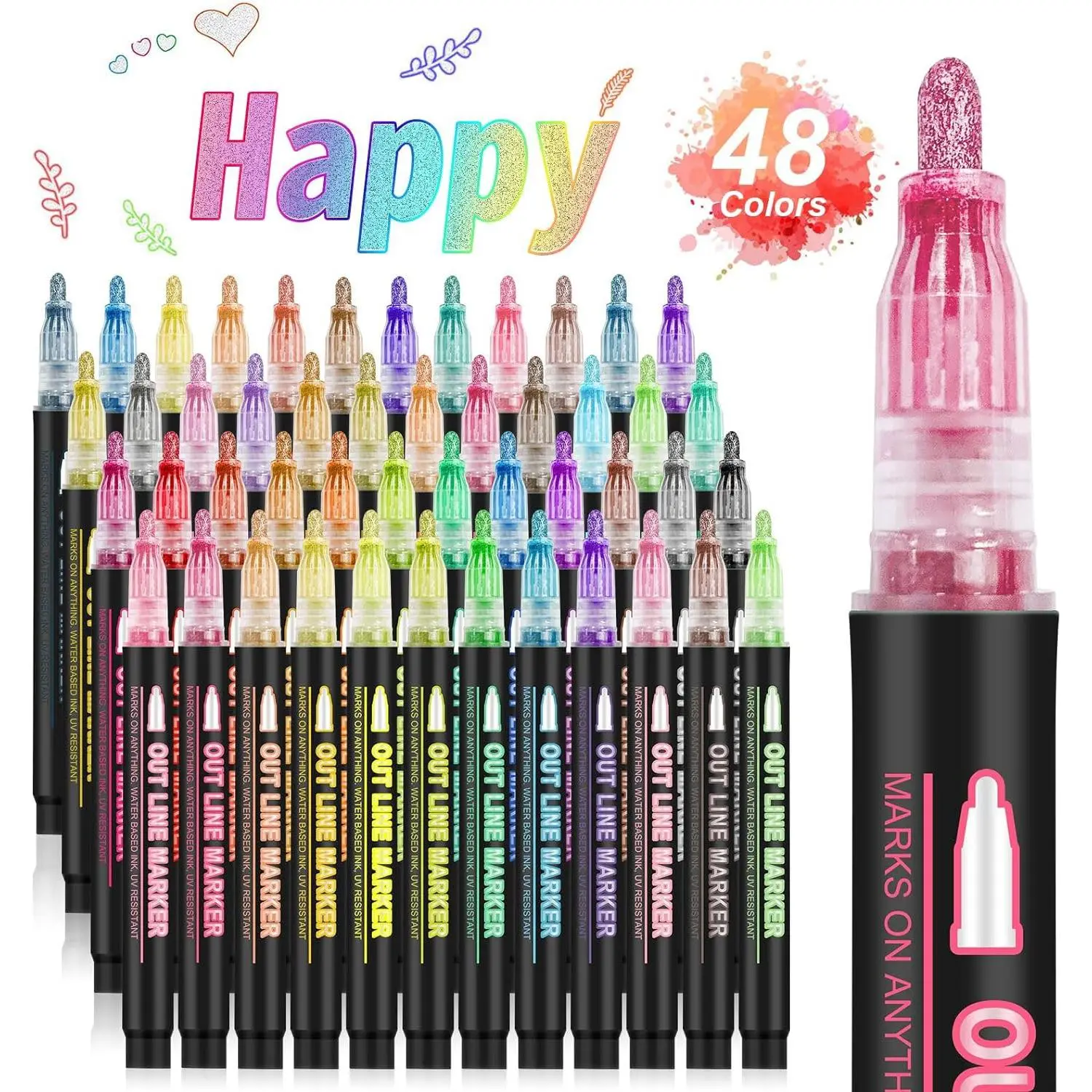 48 Colors Glitter Outline Marker Pen, 1 Set Double Line Outline Pen, Art Pen, DIY Graffiti Pen for Scrapbooking, Journaling, Gift Card Making, Glitter Markers