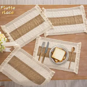 4PCS Boho Macrame Placemats Set, Farmhouse Cotton Burlap Table Mats, Natural Woven Table Decor for Dining Room, Wedding & Home Styling, TikTok Trending Rustic Table Accessories & Gift Idea