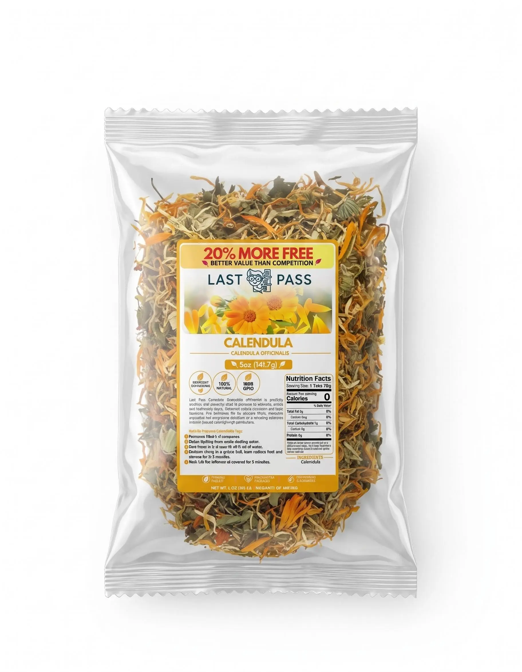LastPass Calendula Natural Wellness Tea - 5oz Loose Leaf Caffeine-Free Botanical Tea Blend, Dried Marigold Beverage, No Artificial Flavor, No Preservatives, Responsibly Harvested, Eco-Supportive, Caffeine Free Tea, Sugar Free