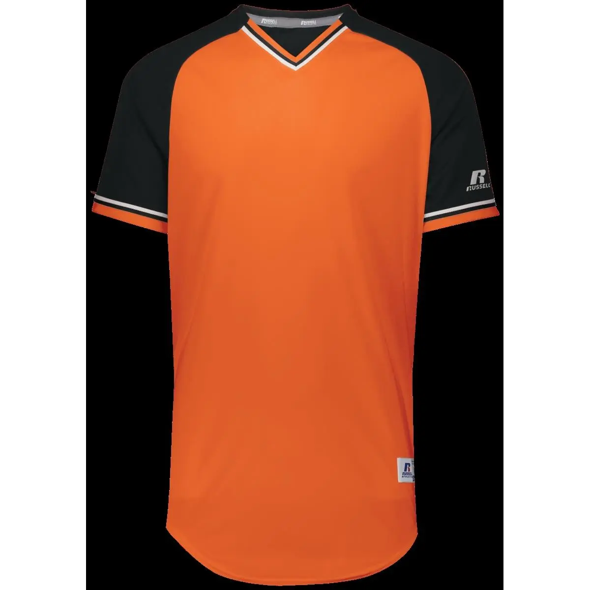 Russell R01X3M.07R 3XL Men's Colorblock Double Knit Short-Sleeve Deep V-Neck Polyester Baseball Jersey - Burnt Orange/Black & White, Contoured Bottom, Fade Resistant, Dri-Power Moisture-Wicking Technology, Outside Locker Label