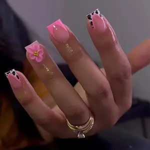 24pcs Sweet Cool Fake Nails, Nail Art Diy Nude French Leopard Print 3D Flower Gold Bead, Short Oval Shape Nails, 5-Minute Application, All-Scene Compatible