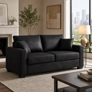 69-Inch Two-Seater Loveseat Sofa for Living Room, Mid-Century Modern Couch with Cushion Back and Square Arms, Black Polyester Fabric with Wood Frame, Includes 2 Throw Pillows, Soft Foam Seat, Easy Assembly, Black Color Options