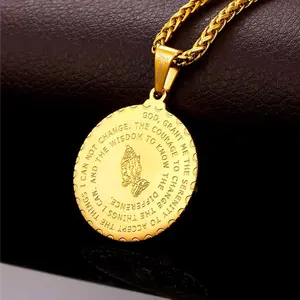 U7 Bible Verse Necklace Christian Jewelry Lords Prayer Inscripted Praying Hands Coin Medal Pendant Father's Day Gift