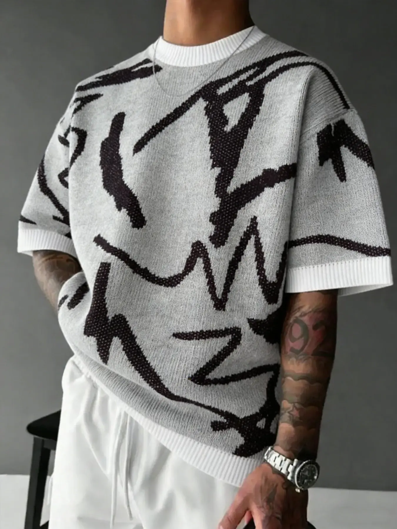 TikMen Geometric Striped Colorblock Knit Sweater, Beachwear, Men's Casual Fitted Soft Round Neck Short Sleeve Pullover, Women's Patchwork Short Sleeve Top, Knitwear