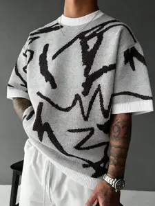 TikMen Geometric Striped Colorblock Knit Sweater, Beachwear, Men's Casual Fitted Soft Round Neck Short Sleeve Pullover, Women's Patchwork Short Sleeve Top, Knitwear