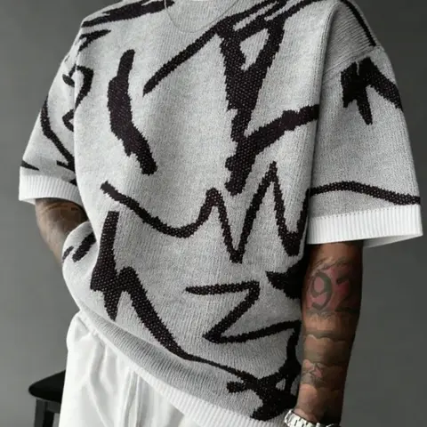 TikMen Geometric Striped Colorblock Knit Sweater, Beachwear, Men's Casual Fitted Soft Round Neck Short Sleeve Pullover, Women's Patchwork Short Sleeve Top, Knitwear