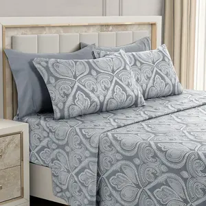 Paisley Queen Sheet, 6 Microfiber Wrinkle Free - Luxurious Printed Includes Flat Sheet, Sheet with Deep Pockets,  4 Pillowcases - Grey