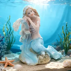 Contemplative Mermaid Statue - Ocean Decor for Coastal Ambiance, Ideal Gift for Sea Lovers, Silent Mermaid Resin Sculpture with Moonlight Effect & Pink Fish Tail
