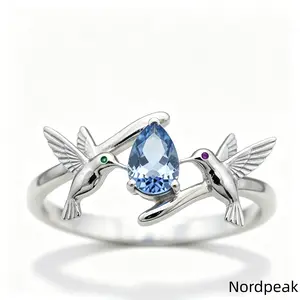 Women’s Mini Avian Carved Stackable Finger Ring, Matte Polished Silver-Tone Alloy Flexible Band Set with Pear Cut Cool Azure Shiny Faux Cubic Zirconia, Thin Lightweight Accessory for Spring Outfits, Soft Afternoon Dates