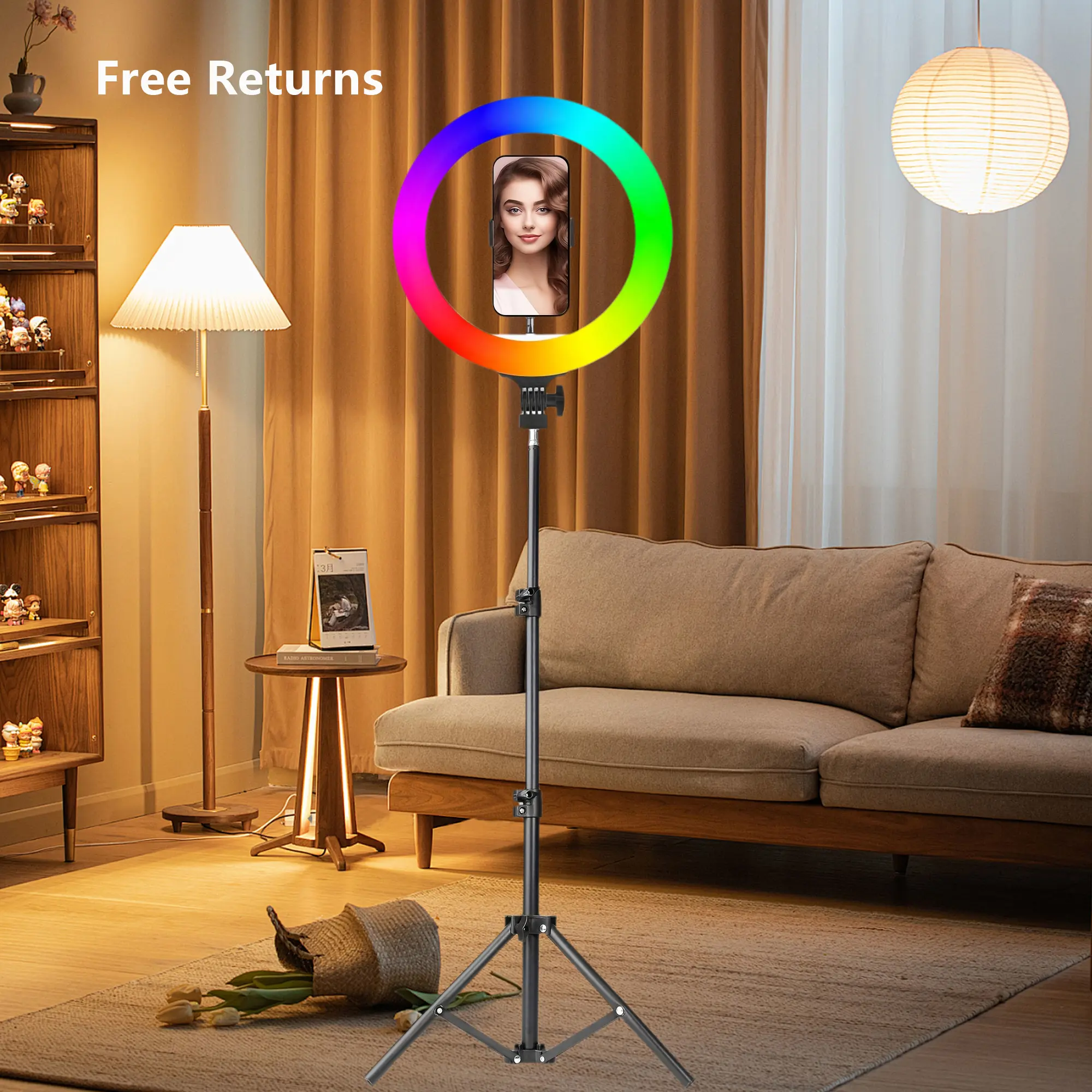 10-Inch Adjustable Dimmable RGB Selfie Ring Light Set with 1.1m/43.3in Tripod Stand, 3 Color Modes, Mobile Cellphone Smartphone Camera Accessories for Casual Metal Family Filming, Makeup, Tripod Kit
