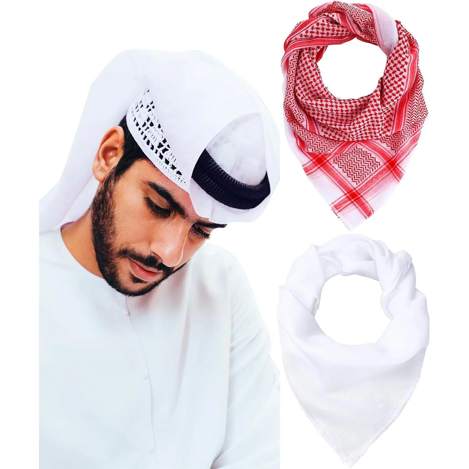 Synthetic Shemagh Scarf - 4.9oz/5.6oz, 55in x 55in Lightweight Keffiyeh for Men, Outdoor/Mountaineering/Photoshoot Muslim Arab Headwear, Saudi Dubai Style A-White Turban Wrap