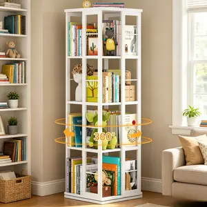 Aheaplus 4-Tier Corner Bookshelf, Rotating Bookshelf, 360 Display Wood Spinning Bookshelf, Floor Standing Bookcase Narrow Shelf Revolving Organizer Storage Rack for Small Space