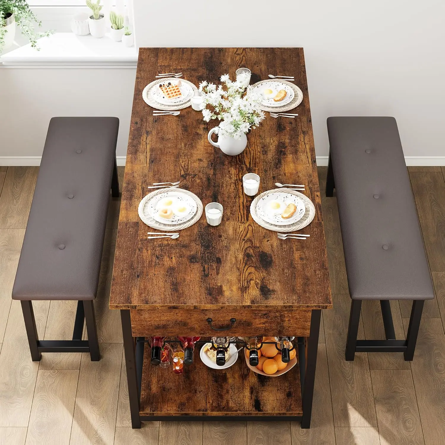 4-Seat Rectangular Compact Indoor Wood Dining Table Set - Upholstered Bench, Waterproof Drawers for Organization, MDF Wood-Metal Construction, Retro Rustic Grey Grain Finish, Easy Assembly Required, Flip Top Design for Compact Living