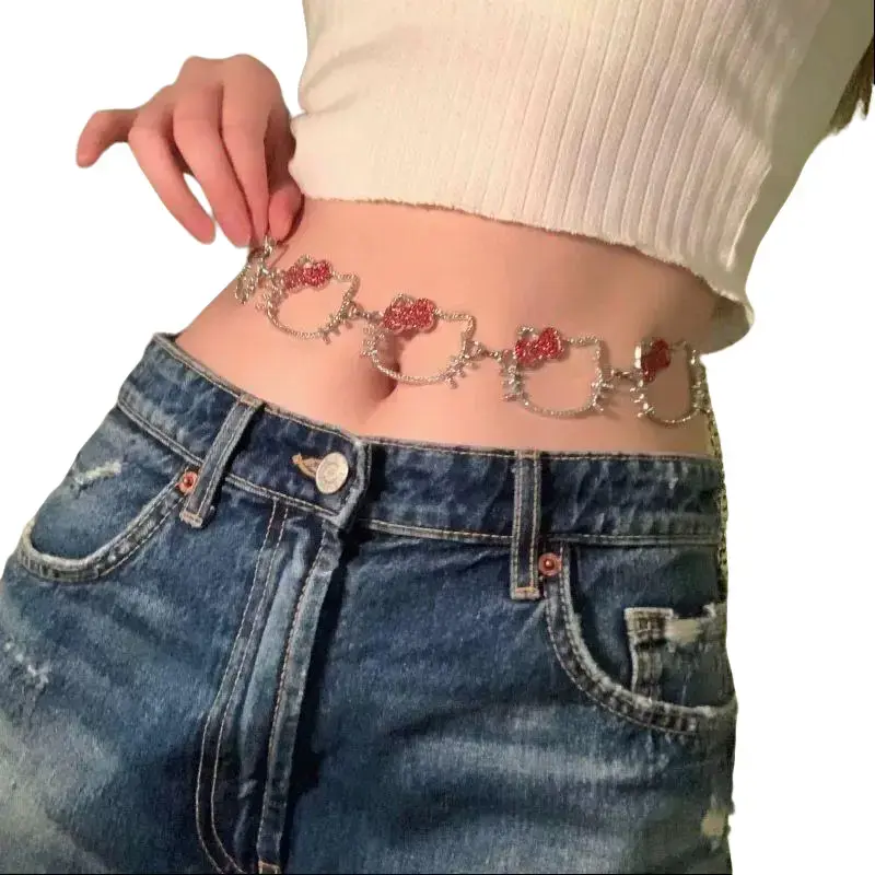 Viral TikTok Sanrio Hello Kitty Y2K Pink Rhinestone Waist Chain Kawaii Bling Adjustable Body Chain for Party & Streetwear Outfits