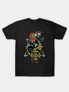 Vintage American Traditional Snake Floral Tattoo Art T T Shirt Black Streetwear Graphic Tee with Vibrant Colors Comfortable Round Neck Regular Fit Unisex Adult Casual Top Breathable Sweat Wicking and Soft Suitable for Daily Commutes Lounging at Home