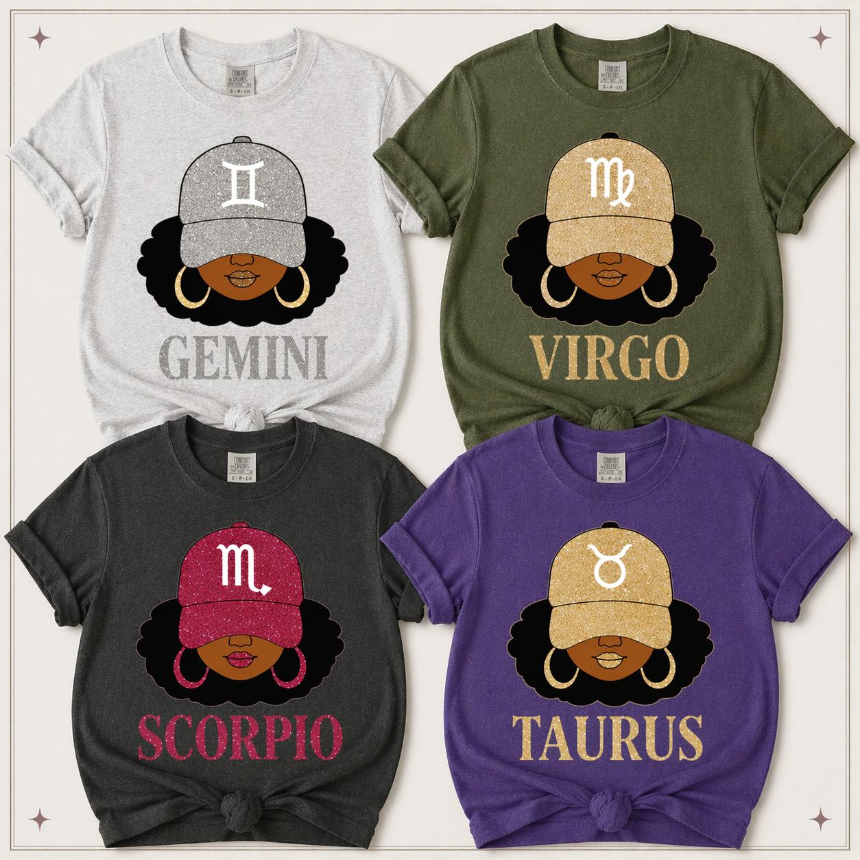 All 12 Zodiac Slay Girl T-Shirt, Glitter Astrology Hat Graphic for Adults, Full Horoscope Star Sign Collection, Bold Zodiac Letter Design, Unisex Astrology Gift for Men Women