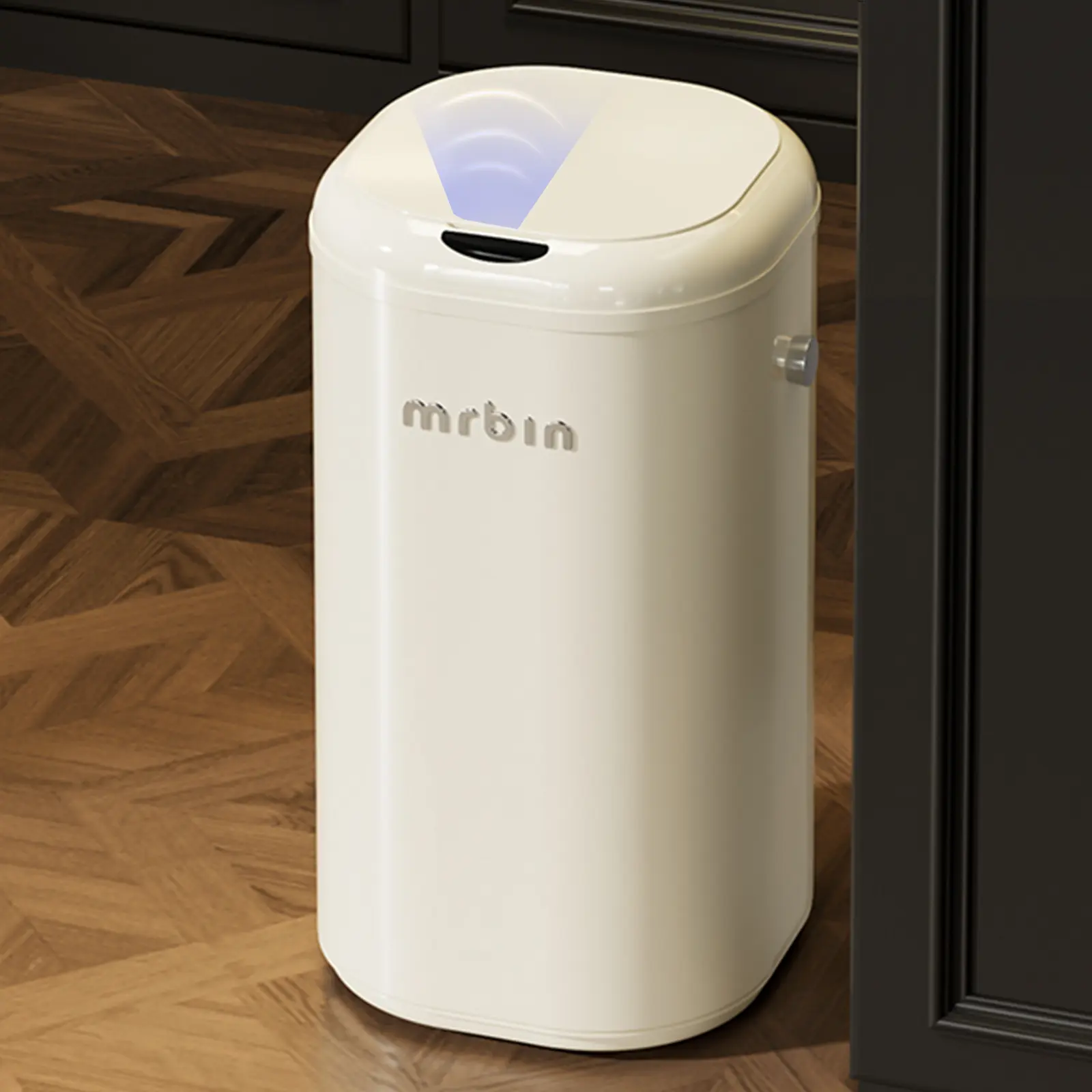MRBIN Metal Automatic Tall Narrow Kitchen Trash Can with Lid, 18L/4.8gal Slim Motion Sensor Touchless Waste Basket, Electric Garbage Bin for Office Bathroom, Cream White, Narrow Trash Can