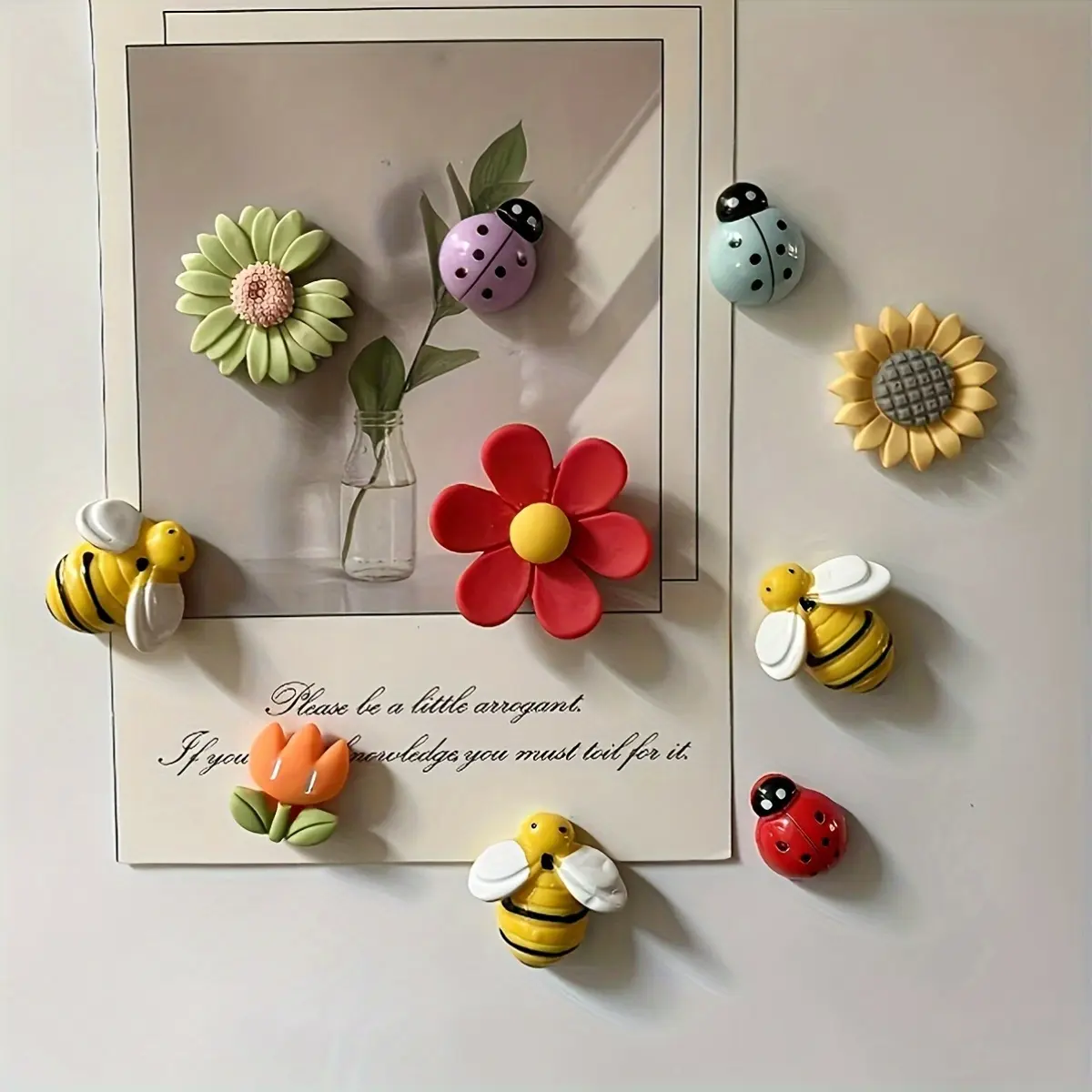 10-Piece Geometric Flower-Themed Purple Lilac Ladybug Magnetic Set, Cute Decorative Refrigerator Magnets for Kitchen, Office Whiteboard, Locker, 10 Pieces, Metal Alloy