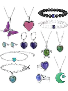 Trendy 15 Pcs Colorful Trendy Mood Matching Elegant Jewelry Set Alloy Stainless Steel Jewelry for Women Men Mood Rings Mood Necklaces Friendship Bracelets Mood Rings Earrings Adjustable Temperature Sensing Color Changing Friends Necklace Accessories Set