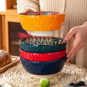 Colorful Ceramic Bowl Set, Boho Style Bowl, Serving Bowl, Salad Bowl, Dessert Bowl, Cereal Bowl, Ceramic Pasta Bowls, Suitable for Oatmeal, Salad, Pasta and Dessert