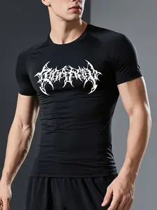 Men's Sporty Compression Short Sleeve Shirt, Athletic Compression Shirt, Y2K Thorns Print, Breathable Quick-Dry Fabric, Ideal for Running & Training