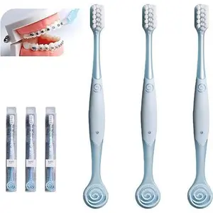 V-Shaped Orthodontic Tuft Toothbrush with Tongue Cleaner - Soft Bristle Toothbrushes for Braces, Sensitive Teeth & Delicate Gums, Blue, 3pcs (For Teens & Adults), Orthodontic Tuft Toothbrushes