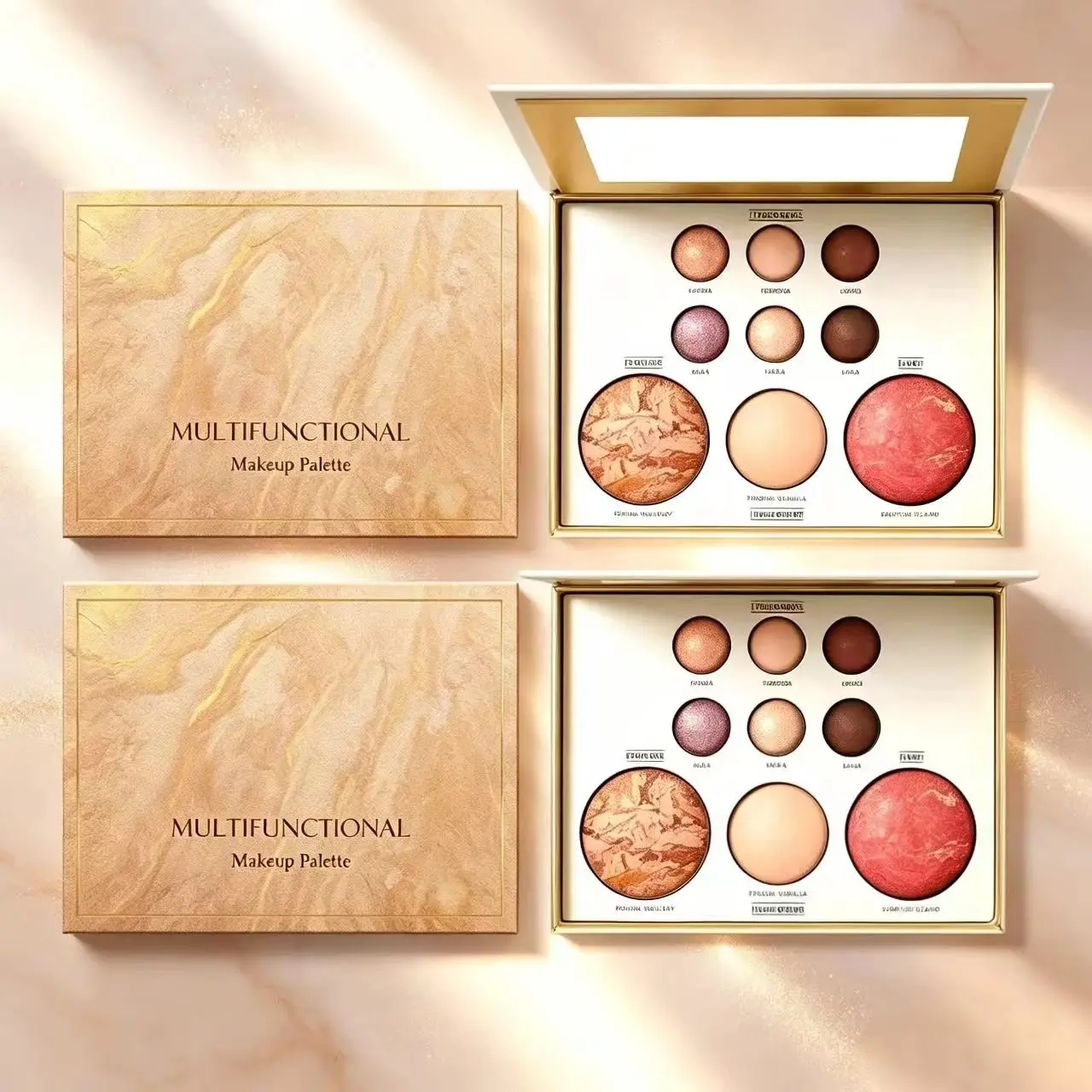 9-Color Gold-Infused Baked Powder Face Palette - Alcohol-Free, Dewy, Highly Pigmented Facial Cosmetic with Mineral Oil, Blushing Glow Eyeshadow, Contains Neither Harmful Additives, for Eyes & Cheeks, Radiant Youthful Look, Smooth Application with Tool, Fa